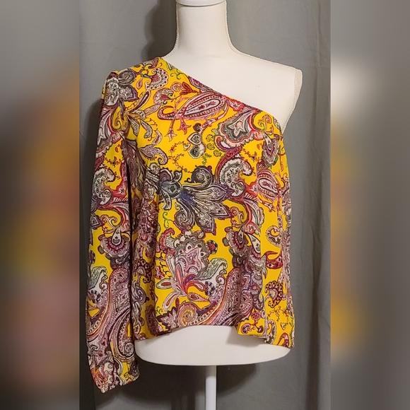 NWOT Paisley One Shoulder Long Sleeve Yellow Top Size XL - Picture 4 of 7